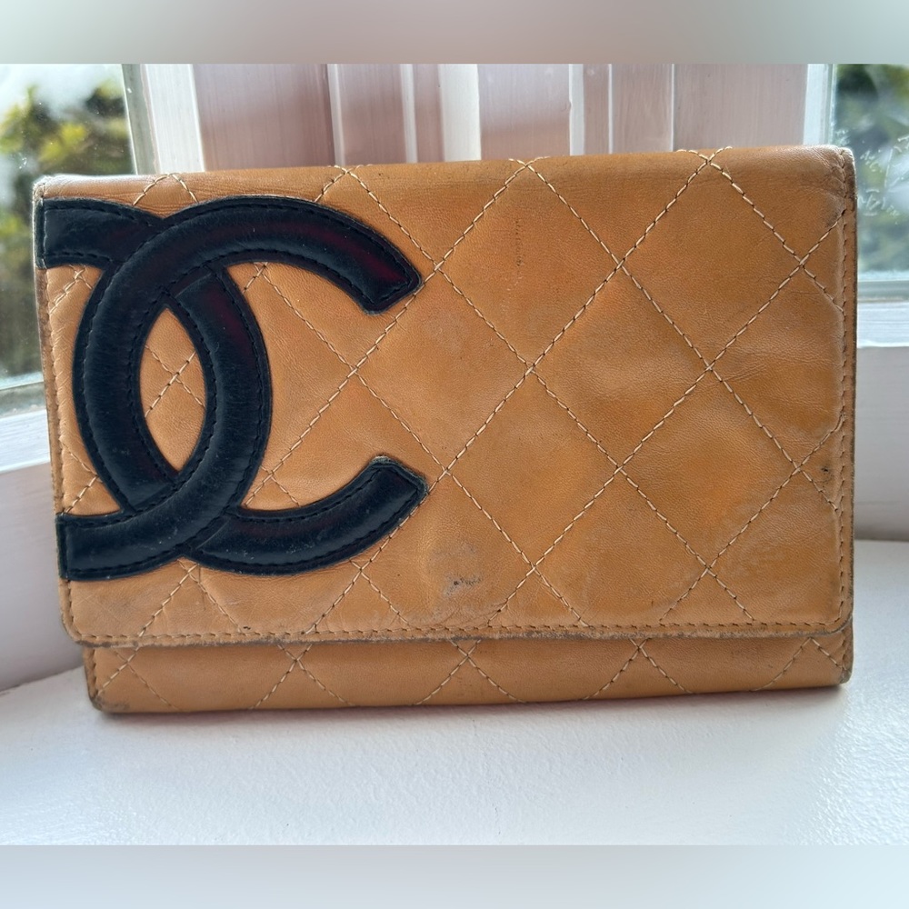 CHANEL Calfskin Quilted Cambon Flap Wallet Tan/Black